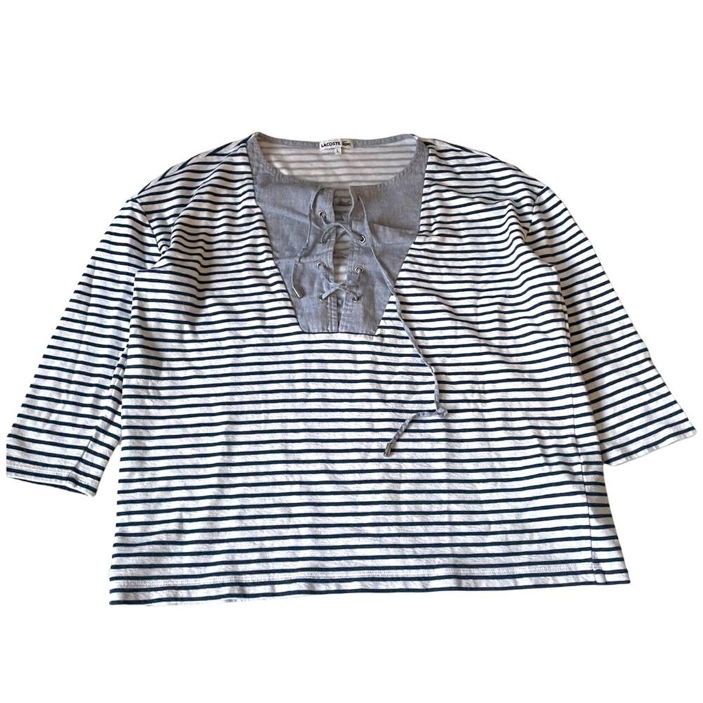 Lacoste Blouse Stripe 3/4 Sleeve Lace Up Yoke Blue White L GUC